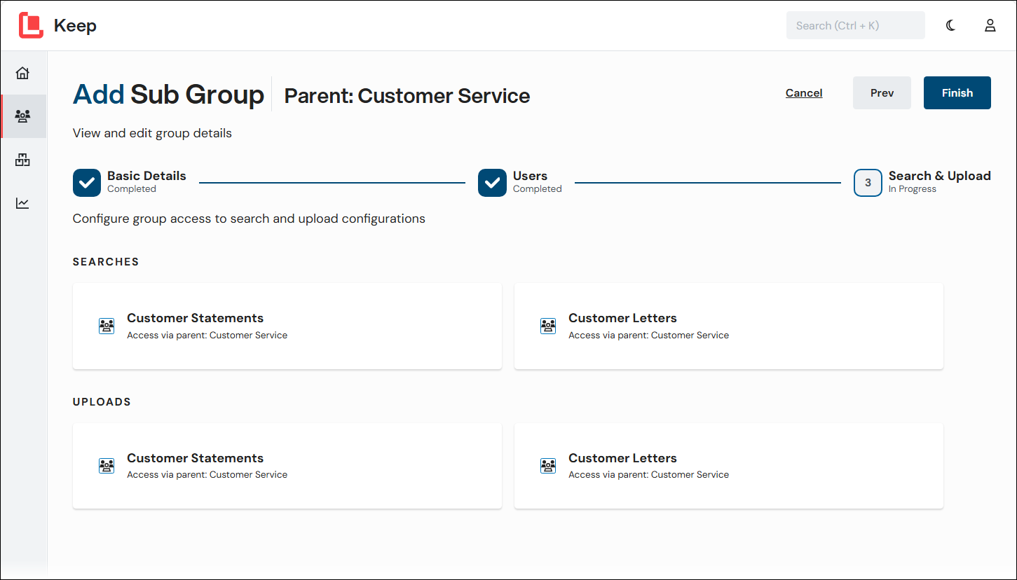 The Search and Upload stage of the Add Sub Group process in Keep with three configurations marked Access via parent.